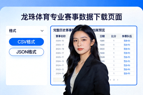 龙珠体育专业赛事数据下载页面，提供CSV、JSON格式的完整历史赛事数据档案预览