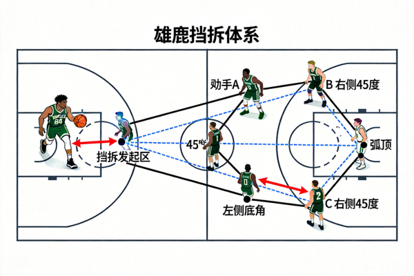 密尔沃基雄鹿队战术板分析图，展示字母哥挡拆体系与外围射手群站位