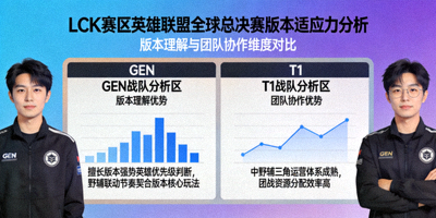 LCK赛区英雄联盟全球总决赛版本适应力分析图，展示GEN、T1等战队在版本理解与团队协作方面的优势