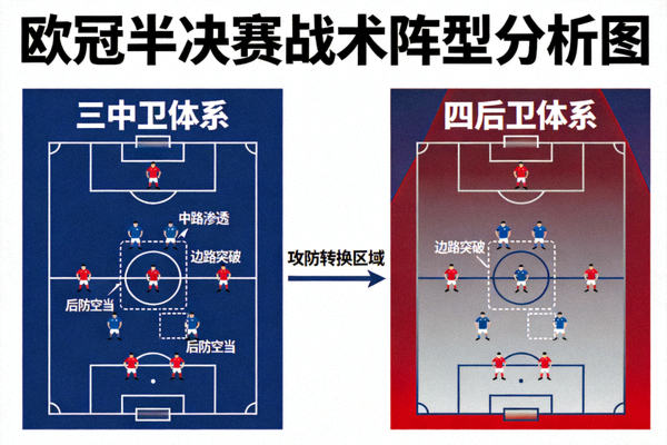 欧冠半决赛战术阵型分析图 - 三中卫体系与四后卫体系的攻防转换区域示意