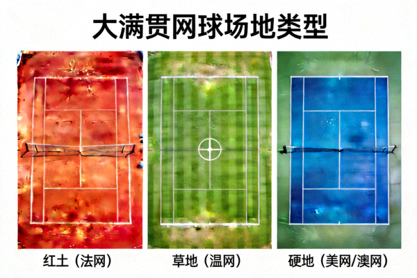 三种不同颜色的网球场地并排展示：红色红土、绿色草地、蓝色硬地，代表大满贯不同场地类型
